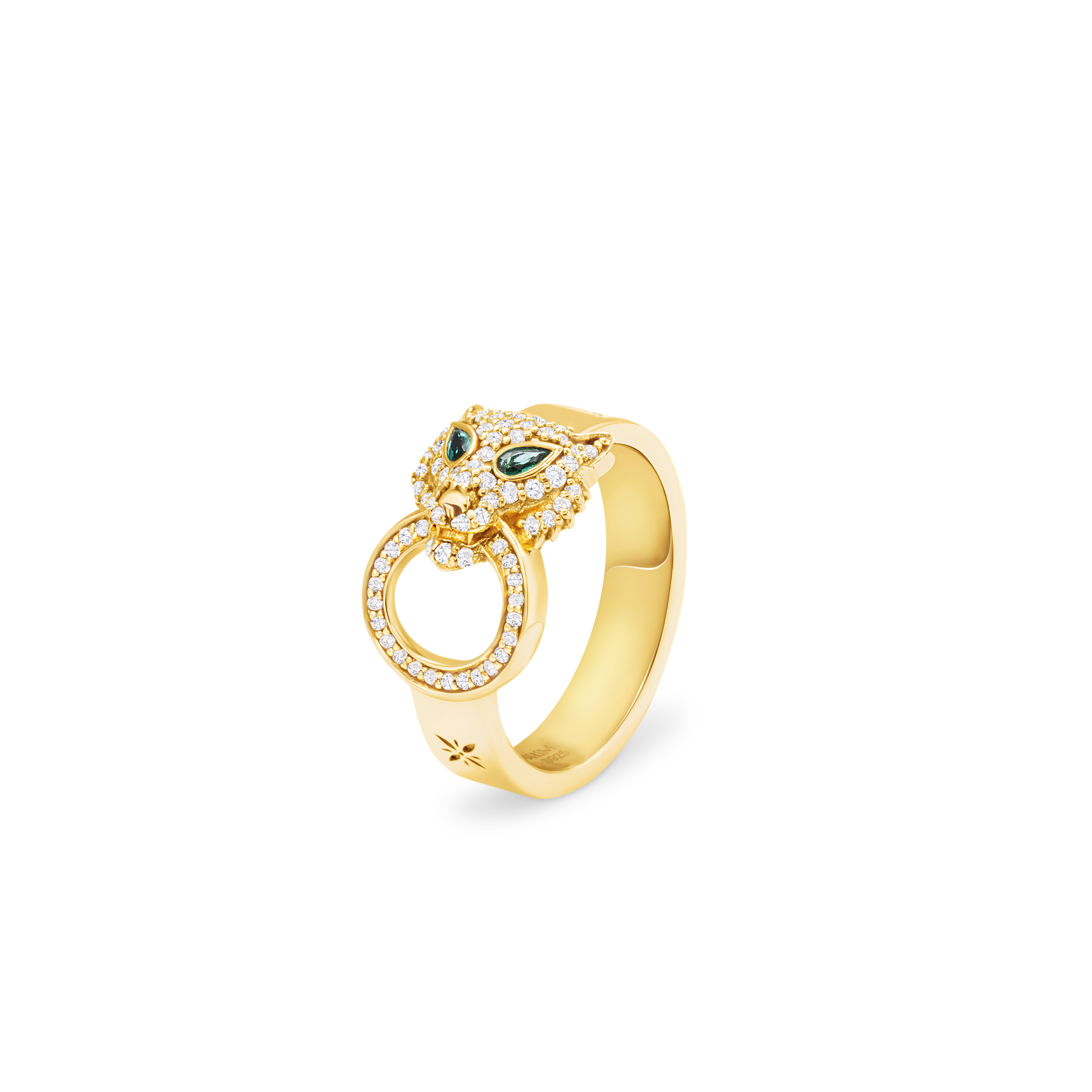 Gold ring with gemstones on a white background
