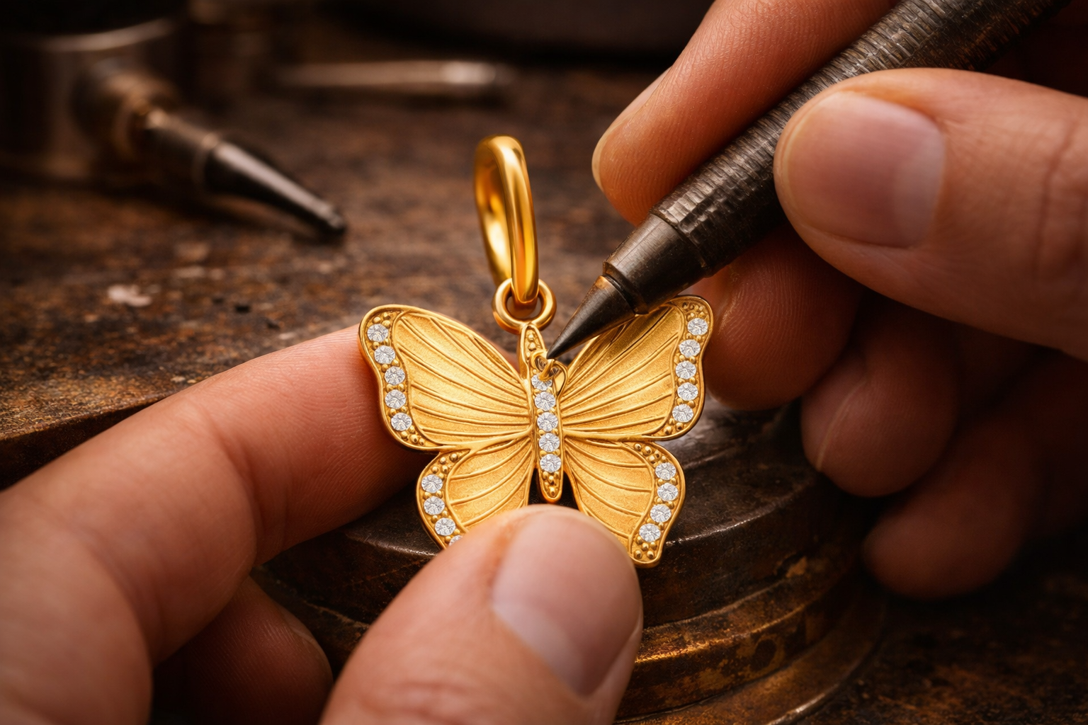 Gold butterfly pendant being held by a jeweler with tools in the background