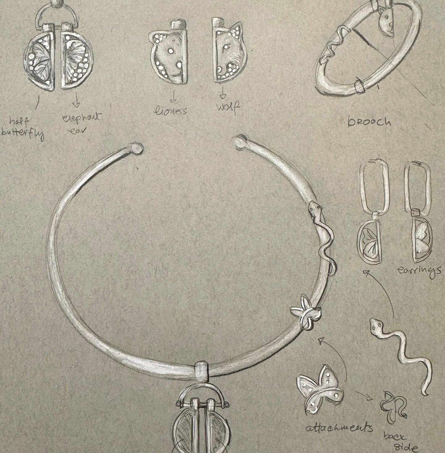 Design sketches of a necklace and its components on a textured surface.